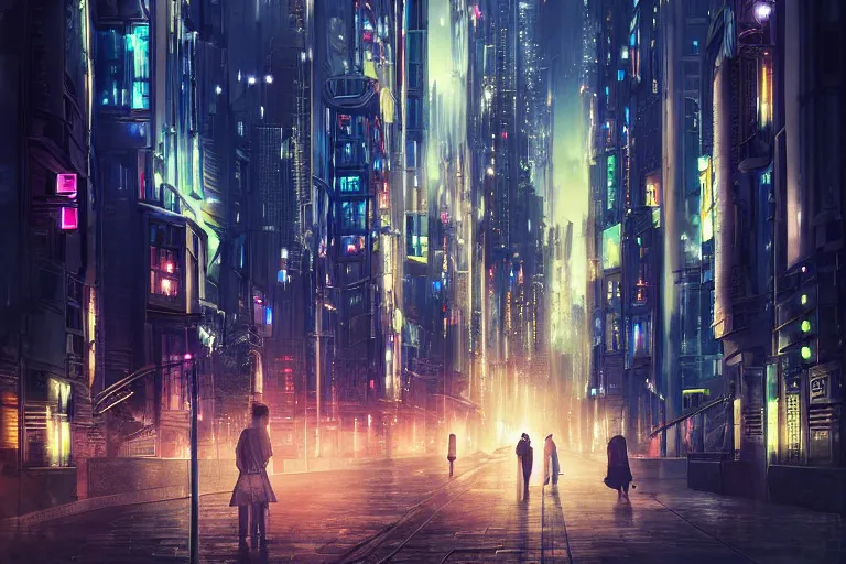 Prompt: futuristic city, street, depth of field, by wlop, at night, poster, highly detailled