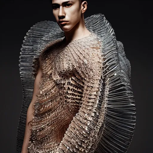 Image similar to a beautiful young mexican male wearing iris van herpen couture, photographed by erwin olaf