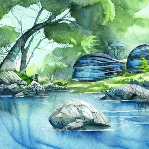 Image similar to beautiful happy picturesque charming sci - fi organic pod - like homes of the future in a beautiful natural scene. water, trees and rocks. beautiful light. soft colour scheme. beautiful artistic detailed watercolor by lurid. ( 2 0 2 2 )