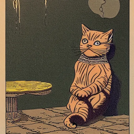 Image similar to a cat smoking a cigar, by moebius