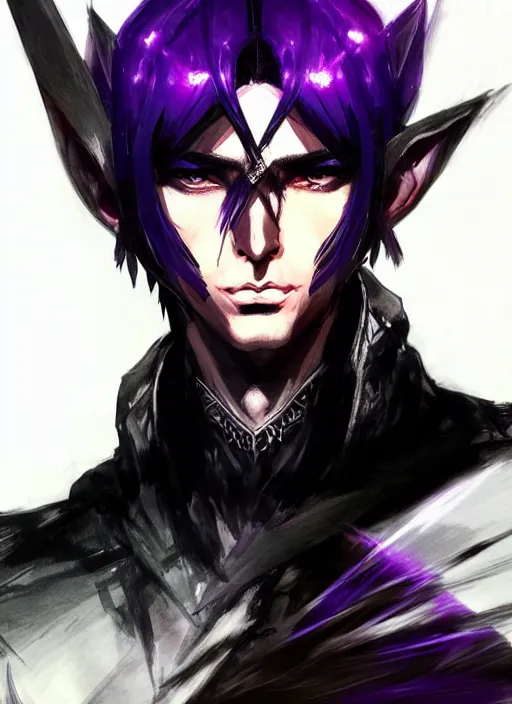 Image similar to Half body portrait of a handsome black haired elven warrior commander in black and purple attire. In style of Yoji Shinkawa and Hyung-tae Kim, trending on ArtStation, dark fantasy, great composition, concept art, highly detailed.