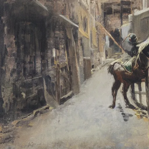 Image similar to painting of a man on a horse in a Dublin alleyway, painted by George Bellows, 1905