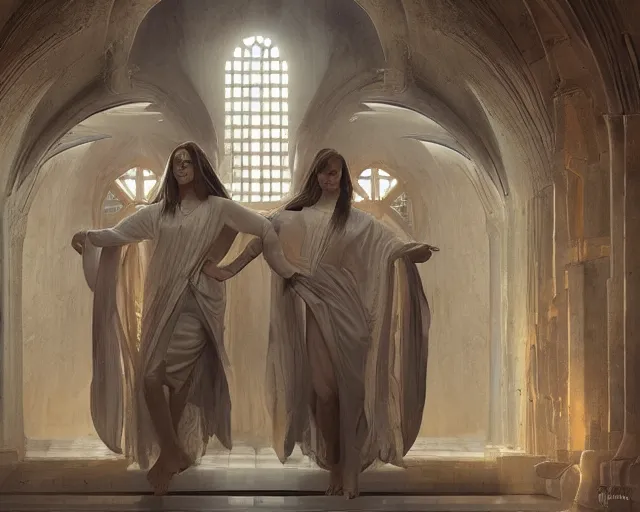 Image similar to inside a tomb, light coming in from the left, 2 angels with wings | 3 women in robes, fibonacci composition, by artgerm, greg rutkowski, craig mullins