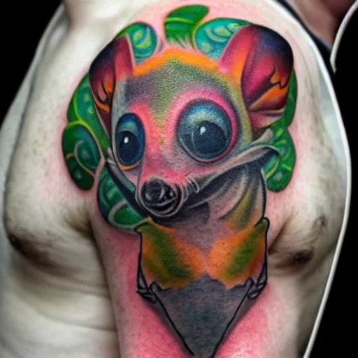 Prompt: shoulder tattoo of a multicolored psychedelic cute galago, eyes are colorful spirals, surrounded with colorful sparkeling flowers and irisdescent marihuana leaves, insanely integrate