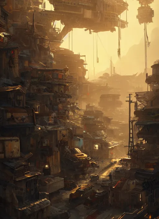 Image similar to scifi shanty favela town ship, dramatic lighting, cinematic, establishing shot, extremly high detail, photo realistic, cinematic lighting, post processed, concept art, artstation, matte painting, style by eddie mendoza, raphael lacoste, alex ross