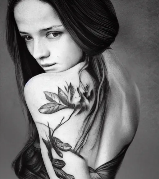 Prompt: a beautiful girl portrait in amazing nature and mountains, realism tattoo, in the style of den yakovlev, black and white, faded drawing, hyper realistic, highly detailed