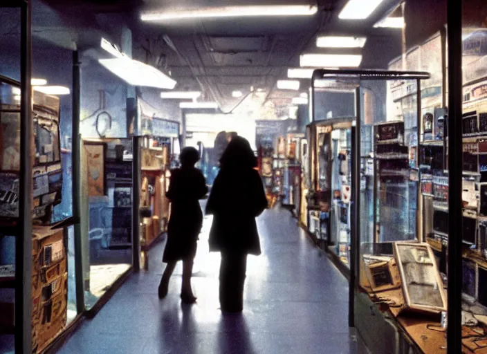Image similar to cinematic shot of backlit windows of a narrow used electronics store where octavia spencer wanders the cramped messy aisles,, iconic scene from the paranoid thriller sci fi film directed by stanley kubrick, set in the near cyberpunk future, anamorphic cinematography, beautiful composition, color theory, leading lines, photorealistic, volumetric lighting