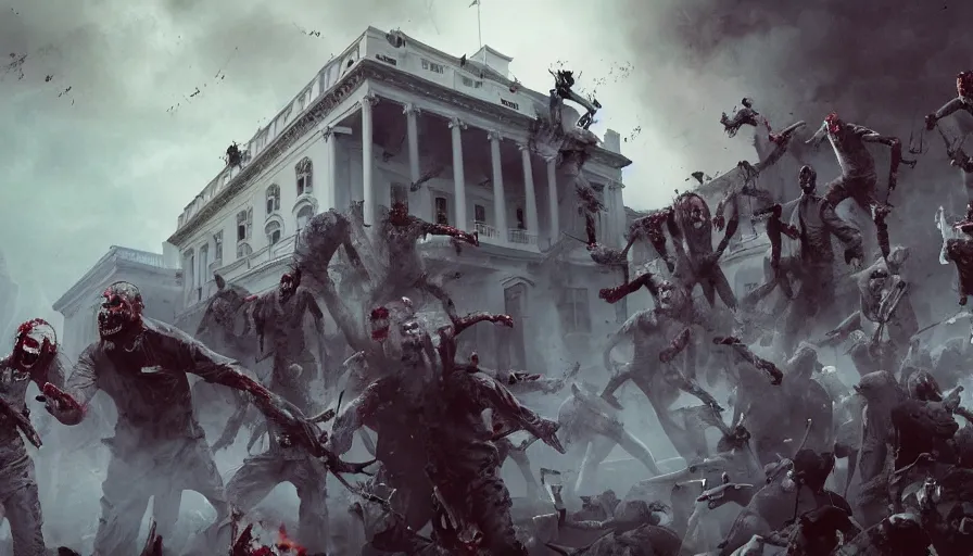 Prompt: white house invaded by zombies with soldiers on the roof firing at them, fire, hyperdetailed, artstation, cgsociety, 8 k