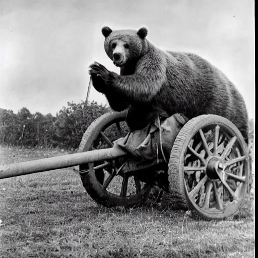 Prompt: a picture of a enormous bear pulling a towed canon on wheel behind him, eastern front, ww 2, historical picture