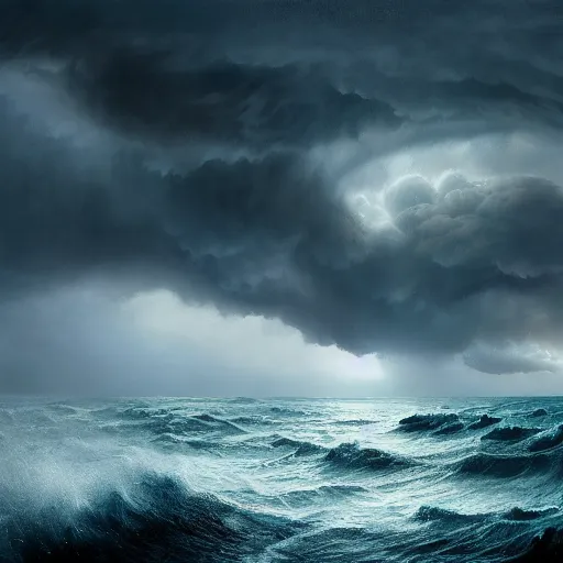 Prompt: huge storm on the ocean, wide angle shot, diffuse lighting, fantasy, intricate, elegant, highly detailed, lifelike, oil painting, concept art, smooth, sharp focus, a 2 4! film cinematography