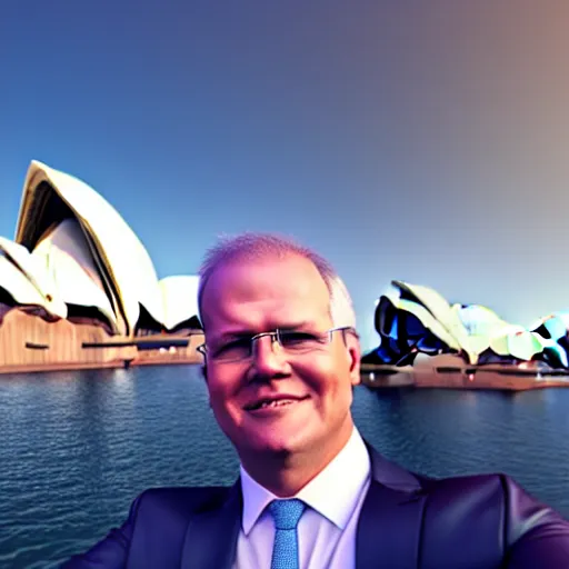 Image similar to Prime Minister Scott Morrison selfie by the Sydney Opera House, cinematic, hyper realism, high detail, vivid colors, octane render, unreal engine, 8k