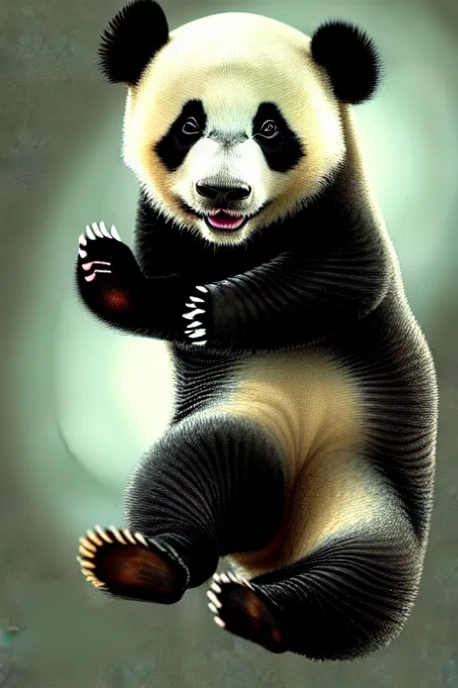 Image similar to clear portrait of a baby panda, cottagecore!!, background hyper detailed, character concept, full body, dynamic pose, glowing lights!! intricate, elegant, highly detailed, digital painting, artstation, concept art, smooth, sharp focus, illustration, art by artgerm and greg rutkowski and alphonse mucha