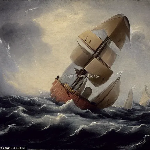 Image similar to a medieval vessel sailing the sea in a rough storm, sailors frantically pulling at ropes and tying the sails, large waves crashing and lightning striking in the distance, dark great clouds swirling above, detailed and oil painting