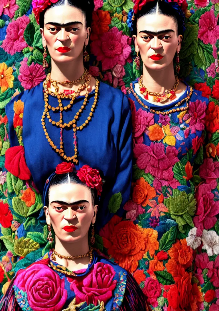 Prompt: frida kahlo cloths, high detailed intricate fashion clothing of frida, cotton texture, silk colors, ultra realistic, octane render, volumetric lights, long, wide skirts, loose - fitting blouses, elaborate hairstyles, and intricate embroidery