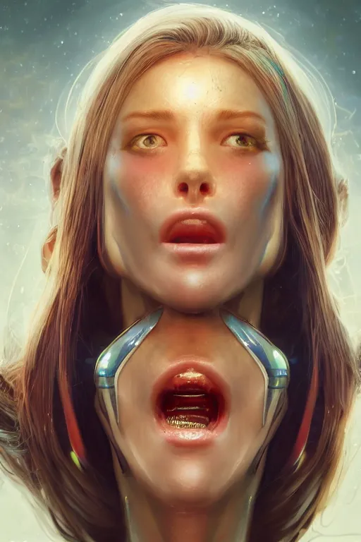 Prompt: attractive female i robot sticking out the tongue out sensually, seven deadly sins, close - up portrait, intricate, elegant, volumetric lighting, scenery, digital painting, highly detailed, artstation, sharp focus, illustration, concept art, luis rollo, ruan jia, steve mccurry, john berkey