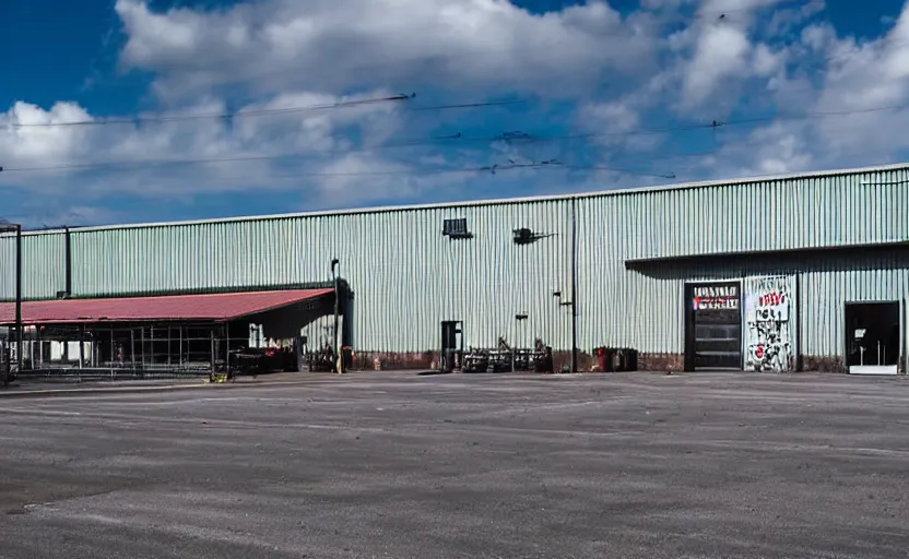 Image similar to industrial grey metal warehouse complex, large empty parking lot in front of it, in the center of the warehouse is a fast food restaurant with neon signs, sea in the background