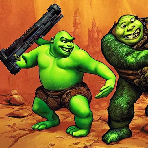 Image similar to Shrek and Doom Guy killing hordes or demons with heavy weapons in the depths of hell in the style of DOOM, game cover art, rip and tear