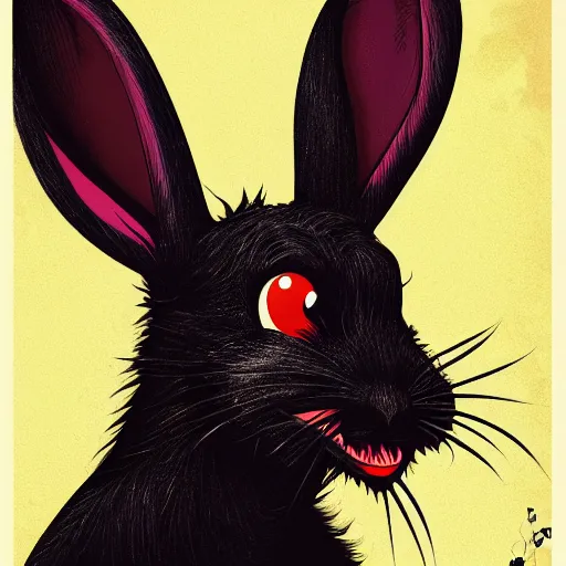 Image similar to A extremely highly detailed majestic hi-res beautiful, highly detailed head and shoulders portrait of a scary terrifying, horrifying, creepy black cartoon rabbit with scary big eyes, earing a shirt laughing, hey buddy, let's be friends, in the retro art style of Walt Disney