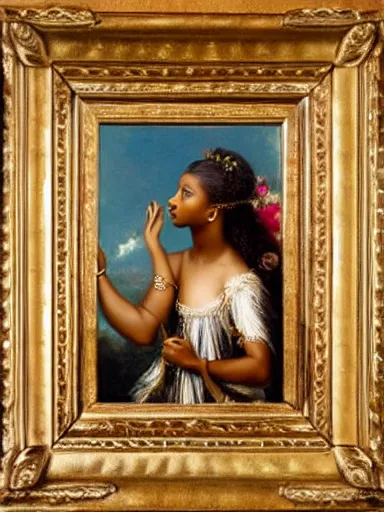 Prompt: jasmine tookes, the goddess of love : : background of roses, myrtle, doves : : rococo, academicism, hyperreal