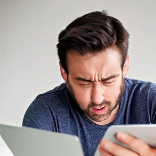 Prompt: photo of man looking at his computer screen, on his computer screen there is an image of a crying laughing emoji