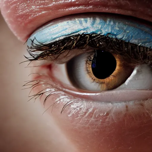 Prompt: film still of a human eye, realistic skin, realistic eye lashes, 8k,