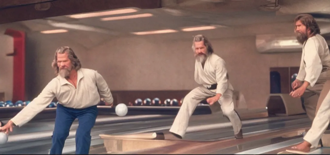 Image similar to Jeff Bridges The Dude throwing bowling balls down a bowling lane in Star Wars