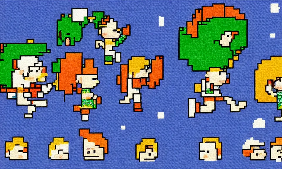 Image similar to 1 6 bit sprite painting of tiny people walking on the moon the style of eric chahi, in the style of 1 6 bit, in the style of sega genesis, in the style of another world