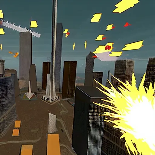 Image similar to a screenshot from the video game super 9 / 1 1, in which players control planes and intend to hit as many towers as possible