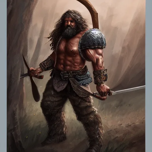 Image similar to portrait of a rugged warrior swinging an axe, muscular, upper body, hairy torso, D&D, fantasy, intricate, elegant, highly detailed, digital painting, artstation, concept art, matte, sharp focus, illustration