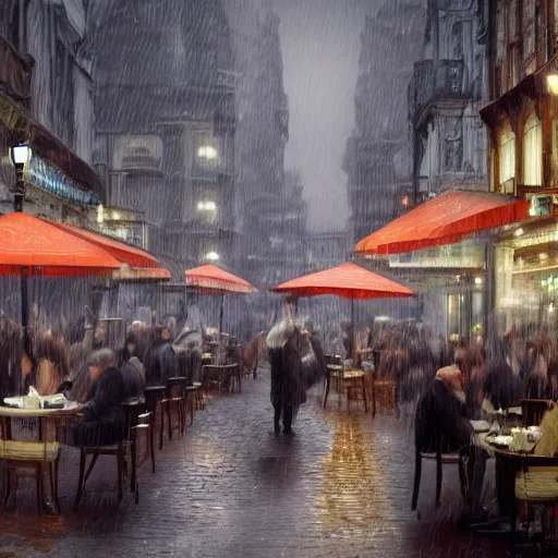 Image similar to busy cafe in a rainy victorian city, 8k, ultrarealistic, ultra hd, gloomy, photorealistic