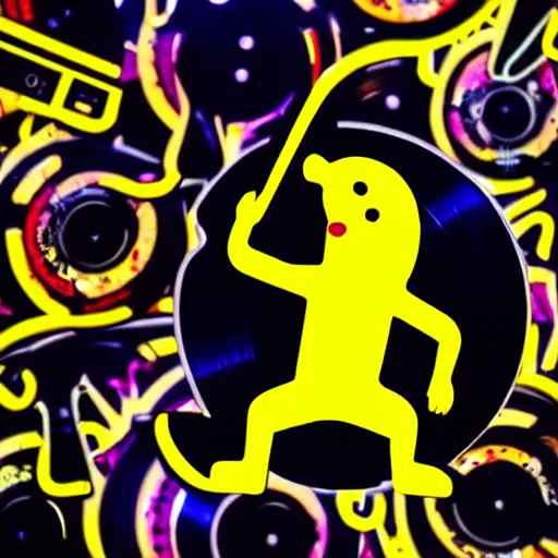 Image similar to svg sticker of a Dancing-Banana, at a rave, spinning records, giant headphones rocking out, wearing headphones, huge speakers, dancing, rave, DJ, spinning records, digital art, amazing composition, rule-of-thirds, award-winning, trending on artstation, featured on deviantart