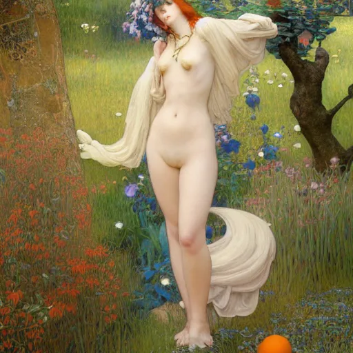 Image similar to A young woman with orange long hair and small horns in shorts and white shirt drawn by Donato Giancola and Makoto Shinkai, Edmund Leighton, Alphonse Mucha, background by James Jean and Gustav Klimt, 4k, porcelain skin, volumetric lighting, komorebi, french nouveau, trending on artstation, octane render, hyperrealistic