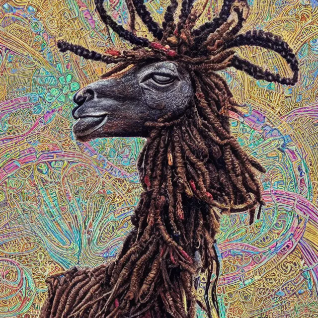 Prompt: llama with dreadlocks, detailed, by ernst haeckel, james jean, el anatsui, mandy jurgens