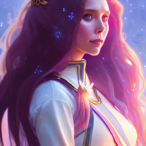 Image similar to Elizabeth Olsen as Sailor Moon, western, D&D, fantasy, intricate, elegant, highly detailed, digital painting, artstation, concept art, matte, sharp focus, illustration, art by Artgerm and Greg Rutkowski and Alphonse Mucha