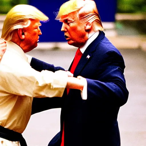 Image similar to Donald Trump versus Obama, kung fu fight, film still from the 36th Chamber of Shaolin