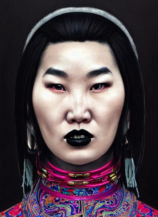 Image similar to portrait of a mongolian woman with a crooked nose and a confident expression, 1 9 6 0 s, black clothes, goth, punk, brightly coloured hair, funk, intricate, elegant, highly detailed, digital painting, artstation, concept art, smooth, sharp focus, illustration, art by wlop, mars ravelo and greg rutkowski