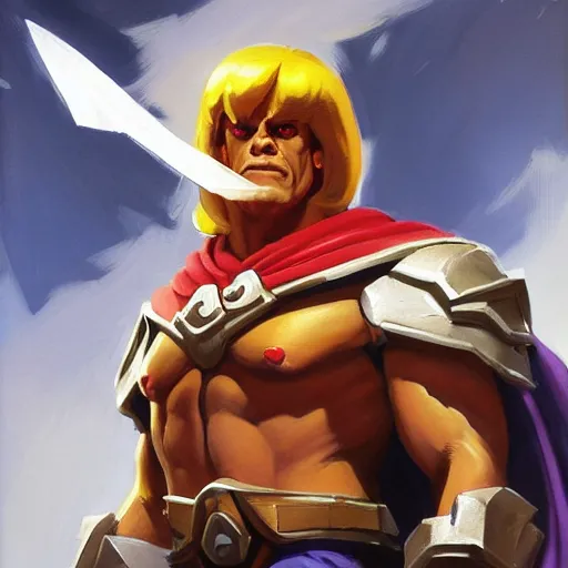 Image similar to greg manchess portrait painting of astonishing he - man the master of the universe as overwatch character, medium shot, asymmetrical, profile picture, organic painting, sunny day, matte painting, bold shapes, hard edges, street art, trending on artstation, by huang guangjian, gil elvgren, ruan jia, greg rutkowski, gaston bussiere