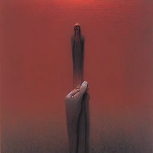 Image similar to terrifyied person by zdzislaw beksinski, bloody, oil on canvas, coherent