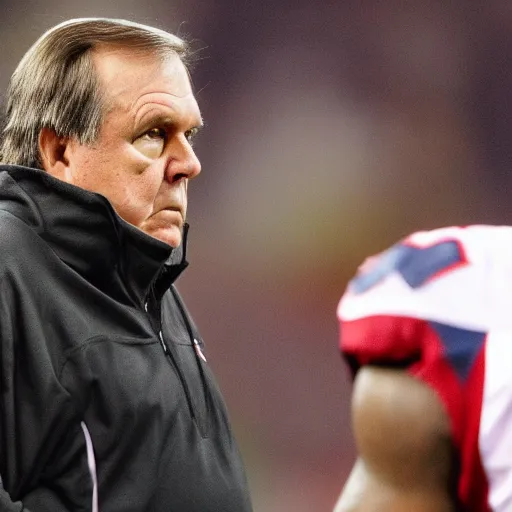 Image similar to Coach Belichick being slightly upset at being covered in spiders