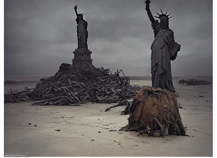 Prompt: a Photorealistic dramatic hyperrealistic render of a ruined destroyed decayed statue of liberty on a desolate beach in a post-apocalyptic world, futuristic nuclear apocalyptic planet of the apes vibe, by WLOP and Artgerm and Greg Rutkowski and Alphonse Mucha, Beautiful dynamic dramatic dark moody lighting, shadows, cinematic atmosphere, Artstation, concept design art, Octane render, 8K, masterpiece