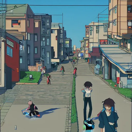 Image similar to city street, sloped street, city on tall hillside, street scene, rollerbladers grinding on rails, skaters, rollerskaters, cel - shading, 2 0 0 1 anime, flcl, jet set radio future, golden hour, japanese town, concentrated buildings, japanese neighborhood, electrical wires, cel - shaded, strong shadows, vivid hues, y 2 k aesthetic