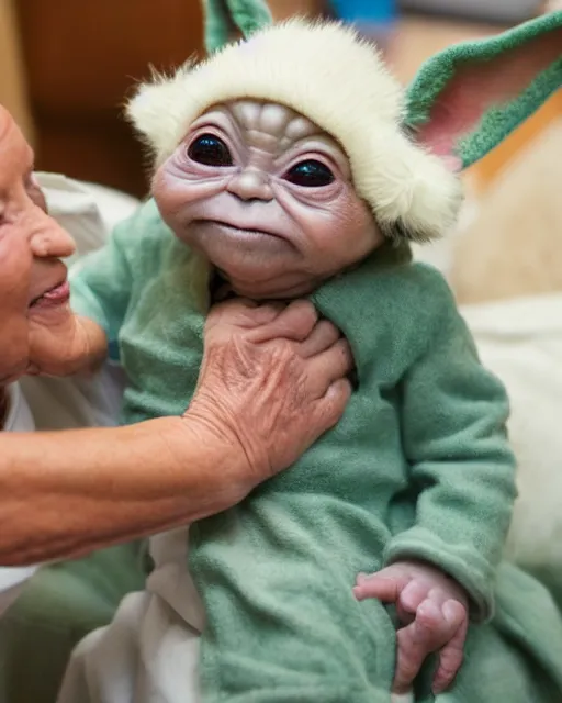 Prompt: stock photos of baby yoda visiting elderly people at a nursing home, hyperreal