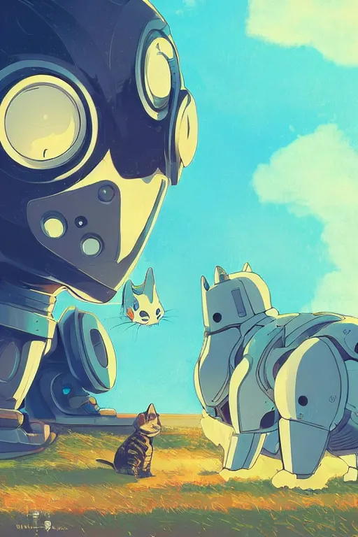 Prompt: amazing digital artwork of a robot protecting a cat, studio ghibli, colorful, anime style, azure tones, color bleed, grain, high resolution, artstation