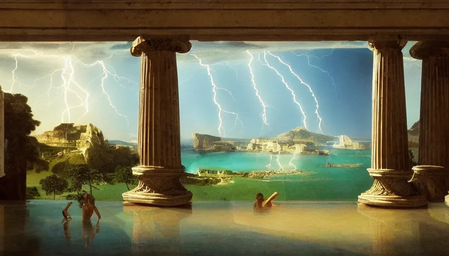 Image similar to From Inside the giant Palace, mediterranean balustrade and columns line, refracted sparkles, thunderstorm, greek pool, beach and Tropical vegetation on the background major arcana sky and occult symbols, by paul delaroche, hyperrealistic 4k uhd, award-winning, very detailed paradise