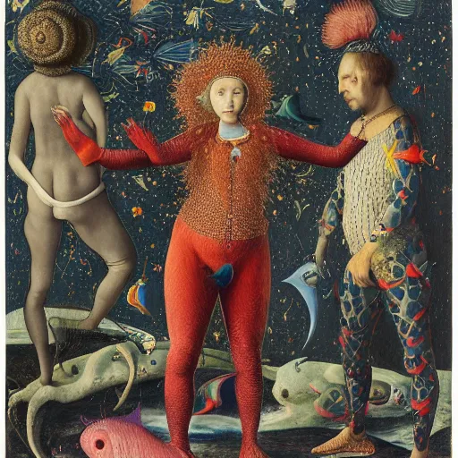 Prompt: a wide landscape with a tattood alien girl with fish scales and feathers swimming with flowers while the stars shine above by jan van eyck, ernst fuchs, nicholas kalmakoff, joep hommerson, character, full body, catsuit, max ernst, hans holbein, lace