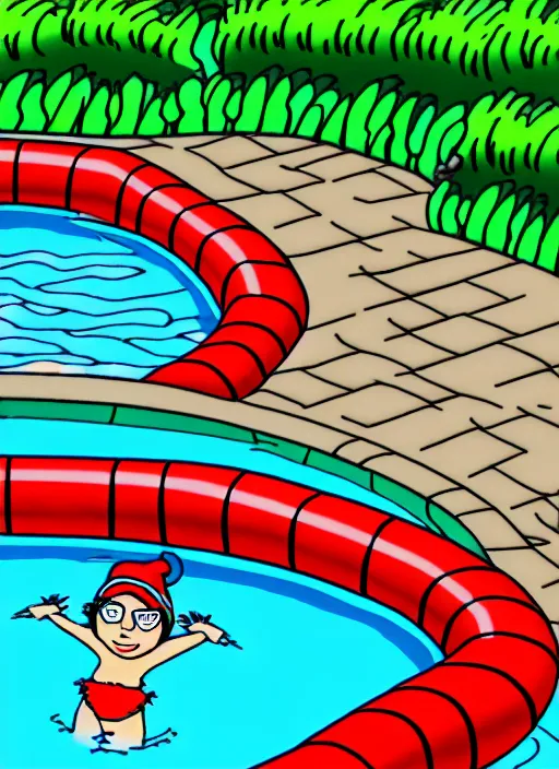 Image similar to intricate Waldo from Where's Waldo, in the water, on the background of a weird magical swimming pool. Very detailed 8k. Fantasy. Sharp. Cinematic post-processing