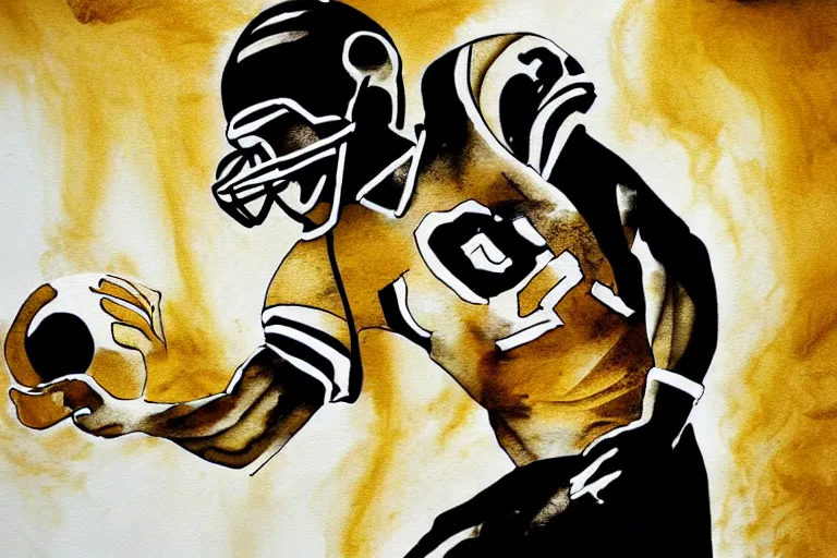 Image similar to beautiful serene foorball player, healing through motion, life, minimalistic golden and ink airbrush painting on white background