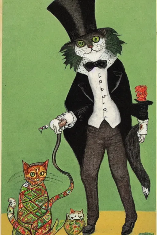 Prompt: 3 / 4 portrait of a cat wearing a top hat and a green three piece suit with a fish in its mouth, by louis wain and david tibet