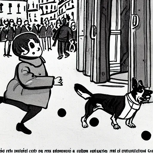 Image similar to book illustration of a french boy on the streets of paris playing football against a corgi, the dog is wearing a polka dot scarf, 1 9 6 6