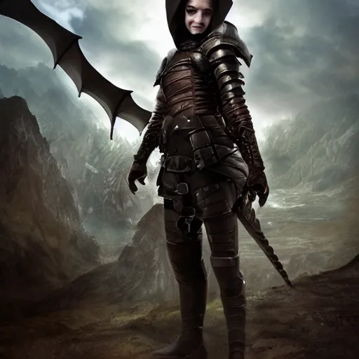 Image similar to scared female rogue in a light armor who only came to see a dragon, symmetrical, cinematic, real photography